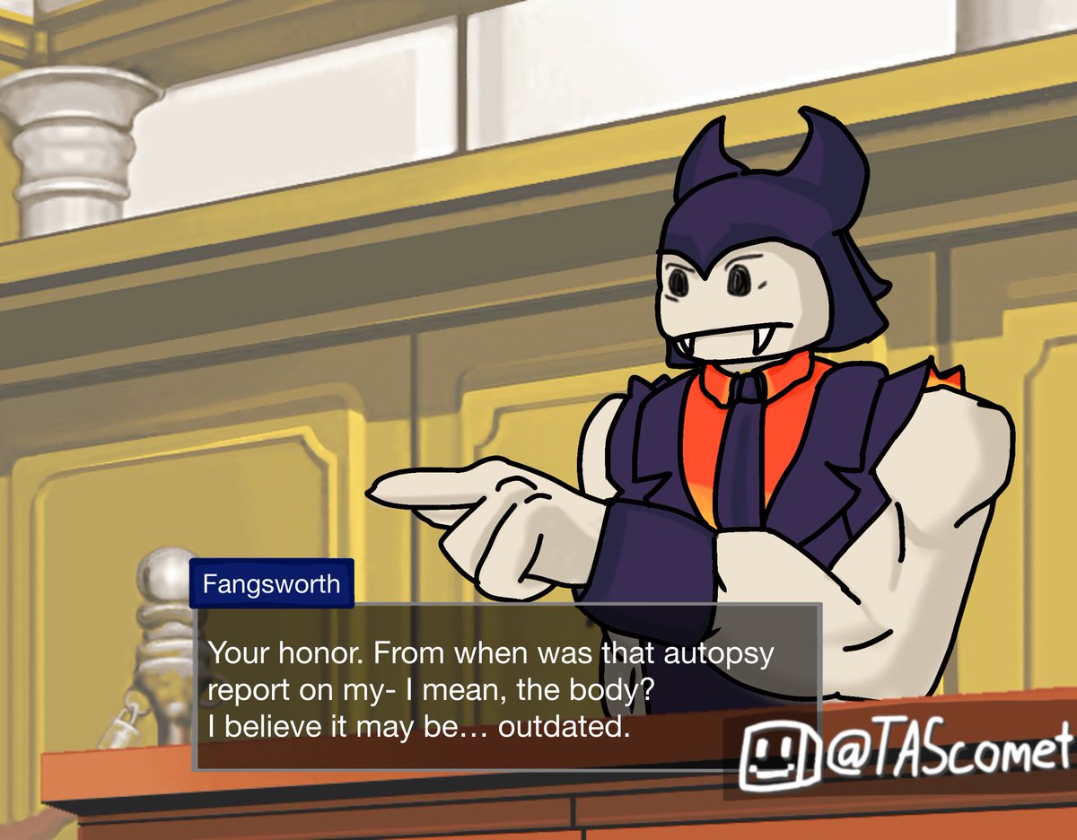 TAScomet's tweet photo. A little rushed, but I genuinely can’t take Fangsworth’s name seriously, because my Ace Attorney deprived brain immediately thinks of Edgeworth
#Regretevator #RegretevatorArt https://t.co/KfcMXYD8A9