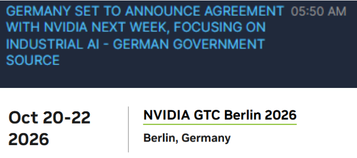 SriPortfolio's tweet photo. Big week incoming for $NVDA  🇩🇪 

Germany is set to announce a major Industrial AI agreement alongside NVIDIA next week. 

Honestly, this is more exciting than flying cars 😀 $TSLA https://t.co/jFW3m8pHco