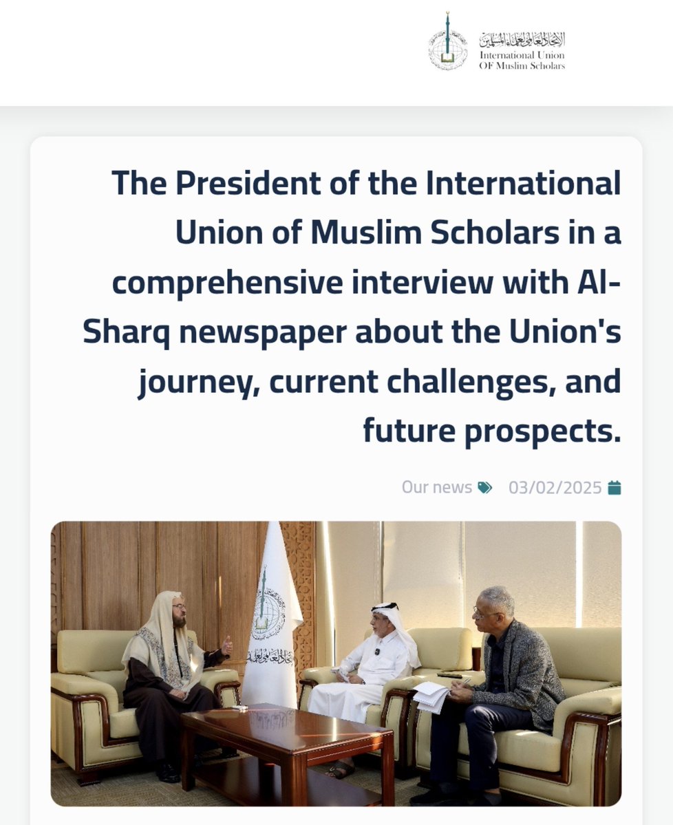 EFischberger's tweet photo. One of Qatar's favorite lies is that it "doesn't fund the Muslim Brotherhood." Qatar’s foreign minister even went as far as saying there were no Brotherhood members in Qatar.

The Muslim Brotherhood itself refutes this.

You see, Doha has long hosted the International Union of Muslim Scholars (IUMS), the Brotherhood’s international religious leadership which was founded by Yusuf al-Qaradawi.

In a little-known February 2025 interview, current IUMS president Ali al-Qaradaghi revealed just how extensive Qatar's support has been.

He said that in 2010, the union asked then-Emir Hamad bin Khalifa Al Thani for permission to open a Doha branch. 

Instead, the emir proposed registering the entire organization in Qatar and later issued a decree approving it.

Qatar also arranged a private plane so union officials could meet foreign leaders, and the current emir, Tamim bin Hamad Al Thani, later gave the union its permanent headquarters.

Al-Qaradaghi named Qatar and Turkey as the IUMS’s biggest supporters.

Quite the admission, isn't it?