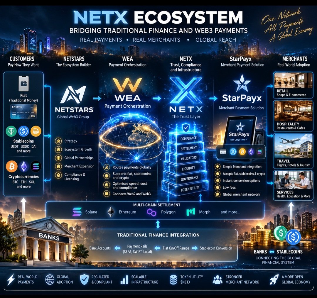 Daithimacliam83's tweet photo. 🚀 $NETX — BRIDGING TRADITIONAL FINANCE & #WEB3 🌍

Imagine a world where banks, merchants, #stablecoins and #blockchain networks operate within one connected payment ecosystem.

🔹 #Netstars — Merchant networks and payment infrastructure

🔹 $WEA — Payment orchestration connecting financial systems

🔹 #NETX — Blockchain infrastructure, trust and settlement

🔹 #StarPayX — Bringing digital payments closer to real-world merchants

🔹 Banks & Stablecoins — Connecting traditional finance with the digital economy

💥 The bigger picture isn't just #crypto payments. It's building the infrastructure for a future where money moves seamlessly between #Web2 and #Web3.

Real merchants. Real utility. Global ambition.

The pieces are coming together. 🔥

#NETX #Netstars #WEA #StarPayX #Stablecoins #Web3 #RWA #Blockchain
