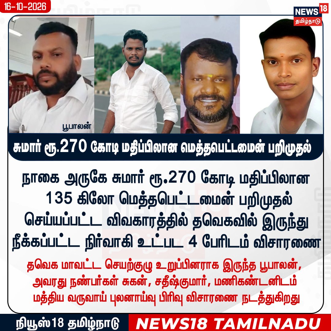 News18TamilNadu's tweet photo. நாகை அருகே சு��ார் ரூ.270 கோடி மதிப்பிலான 135 கிலோ மெத்தபெட்டமைன் பறிமுதல் செய்யப்பட்ட விவகாரத்தில் தவெகவில் இருந்து நீக்கப்பட்ட நிர்வாகி உட்பட 4 பேரிடம் விசாரணை
#Methamphetamine #Boopalan #Nagai
#News18Tamilnadu | https://t.co/rRJCTTegh9
Watch Live | https://t.co/8wIV2kNMlf https://t.co/4aWDtNOrgH
