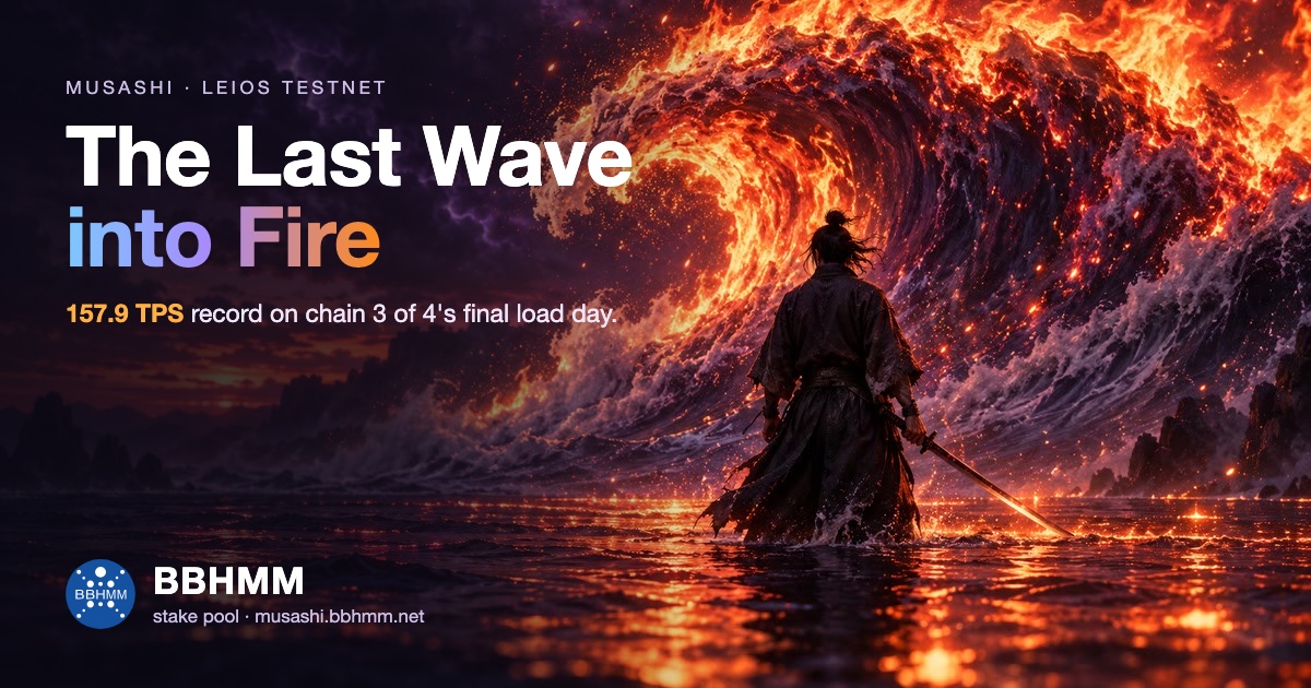 BBHMM_Stake's tweet photo. The Last Wave into Fire 🌊🔥

Musashi, Cardano's Leios testnet, just ran its first full load day on its third chain, the last wave before the final respin into Fire. SPOs flooded it with transactions to see what Leios can carry.

What we learned 🧵
https://t.co/yu0rfii0r1 https://t.co/8QUHX3DrY6