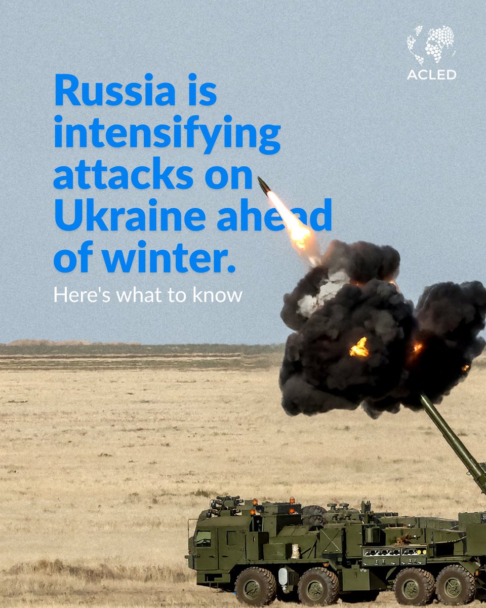 ACLEDINFO's tweet photo. Russian strikes are putting growing pressure on Ukraine beyond the frontline, threatening essential services and civilian lives ahead of winter. As winter approaches, what risks lie ahead? https://t.co/x8p7VjJFBJ https://t.co/lV4h1jLGgt