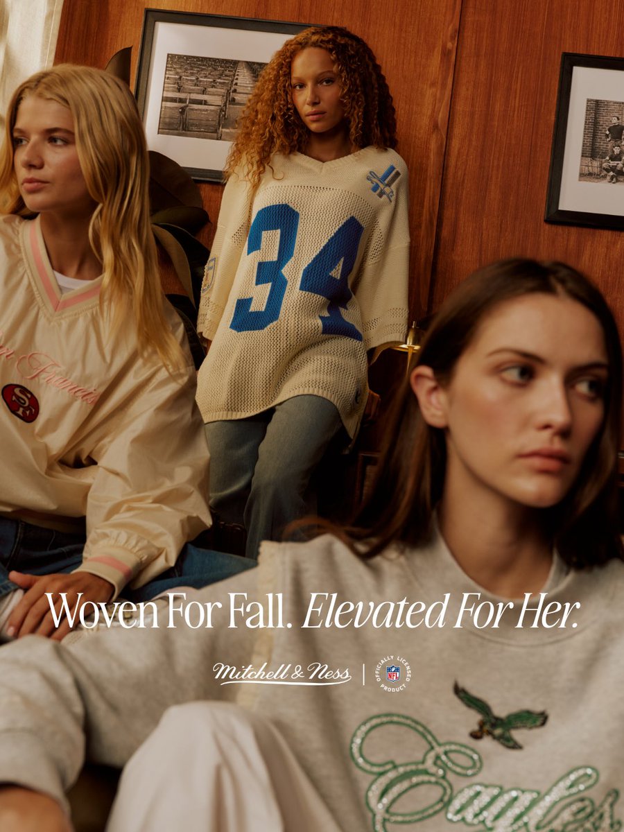 mitchell_ness's tweet photo. Meet your new fall uniform. Oversized laced-up sweater jerseys, mock neck fleece, and wind shirts that somehow look better with jeans than they ever did on the sideline.

Shop now at https://t.co/C5eRdP4rSu. https://t.co/e4BKOIOXgR