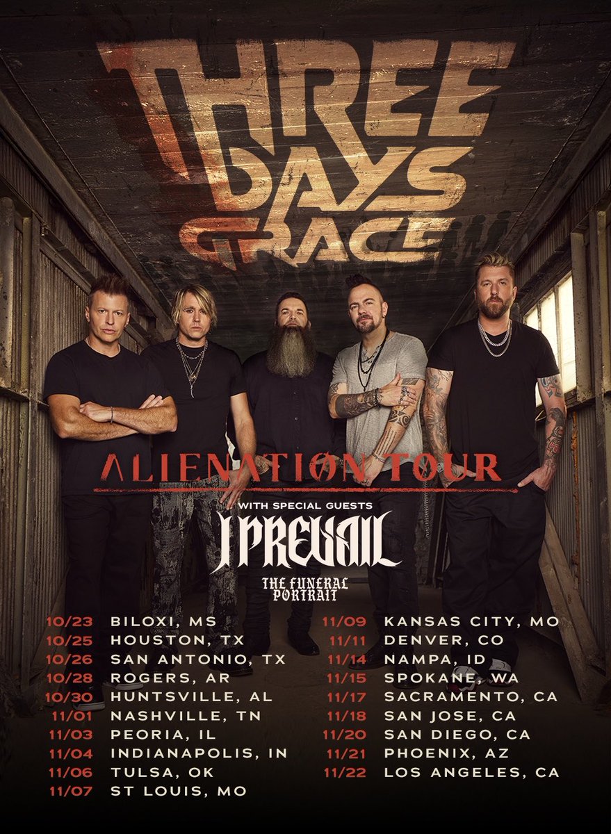 threedaysgrace's tweet photo. ONE WEEK until we kick off our Λ𝖫𝖨𝖤𝖭Λ𝖳𝖨Ø𝖭 𝖳ØUR with @IPrevailBand &amp; @TFP_devotion 🔥👤 https://t.co/JDpCnR0FsW https://t.co/WkcZbnqOhG