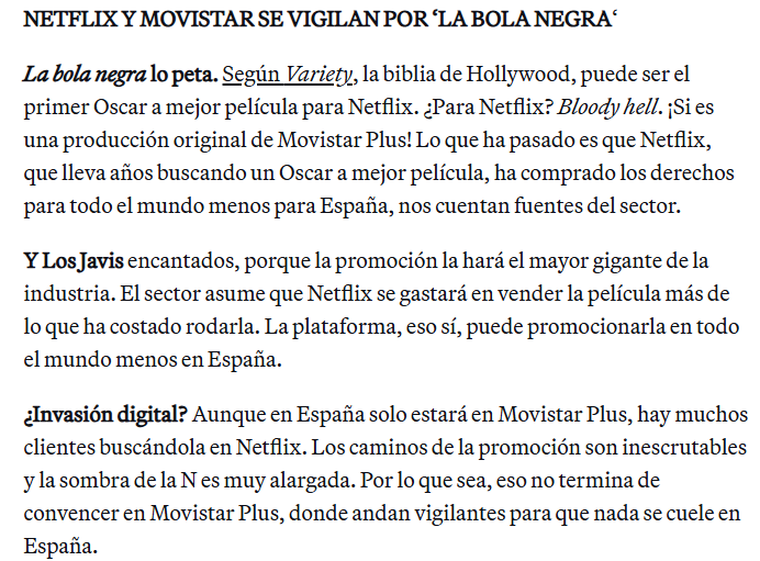 POLITICO_Esp's tweet photo. 📽️'La bola negra' arrasa y todos quieren anotarse el tanto. Según 'Variety', puede ser el primer Oscar a mejor película para... Netflix, cuando es una producción original de Movistar Plus. 

Más, en Madrid Playbook. Regístrate gratis 👇
https://t.co/IReQfaiCKD https://t.co/FJQ13qvufj