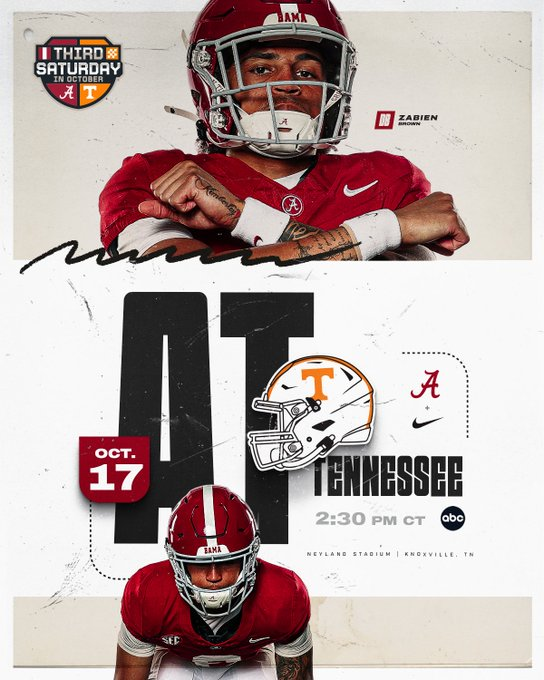 JustinMixon2's tweet photo. Tomorrow October 17th! Kalen DeBoer and the #6 Alabama Crimson Tide take on the #14 Tennessee Volunteers at 2:30pm CT/3:30pm ET on ABC. How will this go? Truthfully idk. Hopefully better refs. We'll see. #RollTide #CollegeFootball #BamaFootball https://t.co/apdAUSEP8I