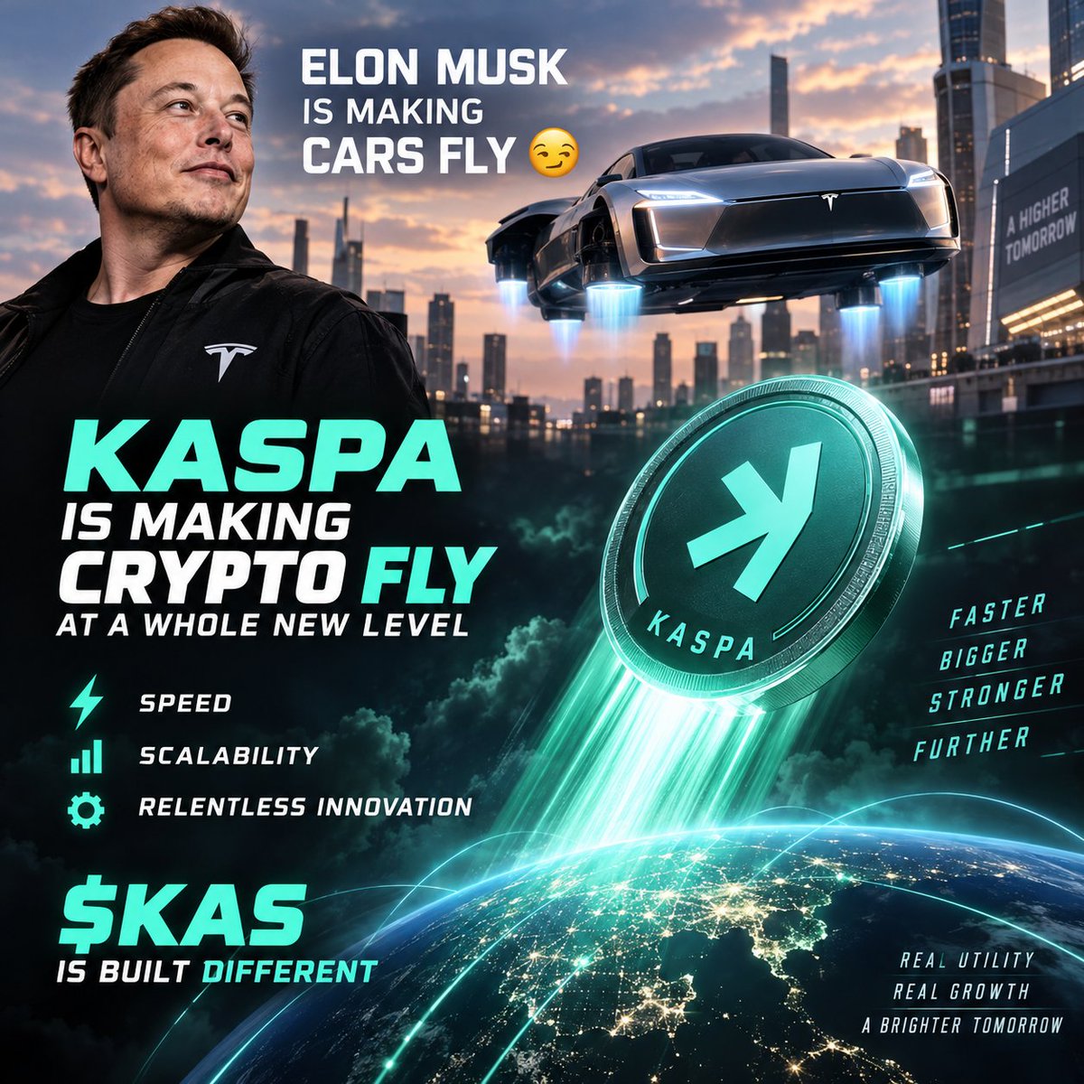 1Omeich's tweet photo. Elon Musk  is making cars fly 😏 #Kaspa is making #Crypto  fly at a whole new level ⚡ Speed Scalability Relentless innovation kaspa:native   is built different