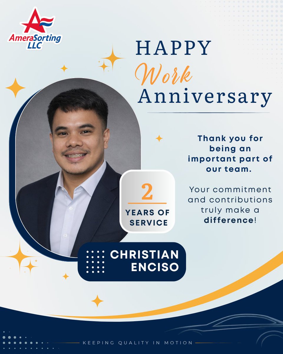 AmeraSorting's tweet photo. 🎉Happy 2nd Work Anniversary, Christian Enciso! 🎉

Thank you, Christian, for your dedication, hard work, and willingness to always lend a helping hand. We’re truly grateful to have you as part of the AmeraSorting family. Here’s to more years of growth and success together! 🥳 https://t.co/bcDd6OICgo