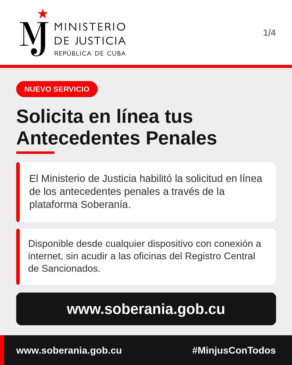 Minjus_Cuba's tweet photo. 🌿🇨🇺 Nuevo servicio en la plataforma Soberanía: solicitud en línea de los Antecedentes Penales

👉  El @Minjus_Cuba de la República de Cuba habilitó la solicitud en línea de los antecedentes penales, a través de:

https://t.co/tXNCHTqap3

#MinjusConTodos https://t.co/hCej5Q7OCL