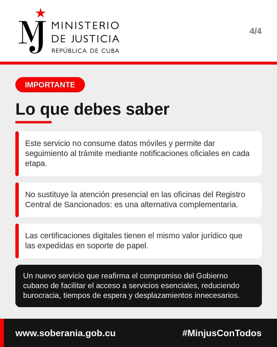 Minjus_Cuba's tweet photo. 🌿🇨🇺 Nuevo servicio en la plataforma Soberanía: solicitud en línea de los Antecedentes Penales

👉  El @Minjus_Cuba de la República de Cuba habilitó la solicitud en línea de los antecedentes penales, a través de:

https://t.co/tXNCHTqap3

#MinjusConTodos https://t.co/hCej5Q7OCL
