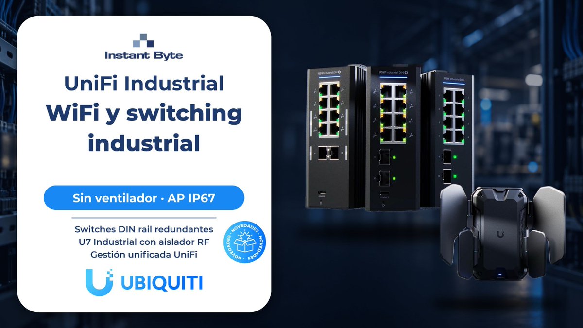 InstantByte's tweet photo. UniFi Industrial: switches DIN rail sin ventilador con doble entrada DC y relé de alarma, y U7 Industrial, un AP IP67 con antena direccional, 360° y aislador RF. https://t.co/jsUDyoYu1s https://t.co/ZXNYTSzOmy