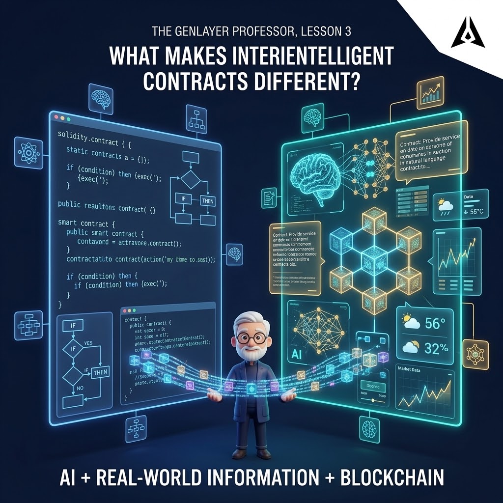 kGow_11's tweet photo. π§βπ« THE GENLAYER PROFESSOR - LESSON 3
π§ What makes @GenLayer different?
Traditional smart contracts follow fixed rules. GenLayer brings AI-powered reasoning to blockchain, enabling smarter, context-aware decisions.
π§΅ The future of intelligent contracts! π
#GenLayer #Web3 https://t.co/5j8YmrvzOB