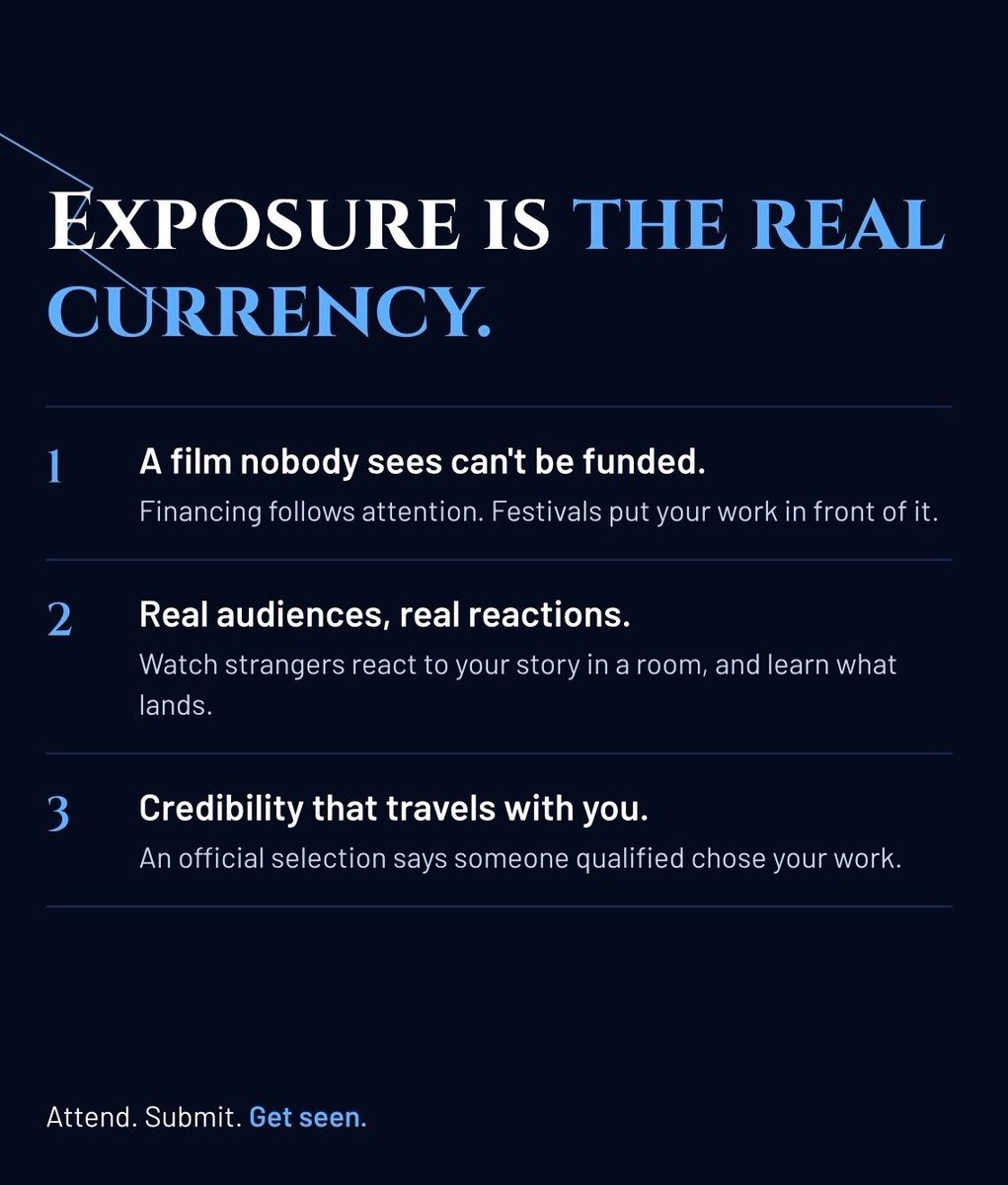 NikolaTeslaFF's tweet photo. When you submit and attend, you get:
🎥 Real audiences reacting to your story
🏆 Credibility that follows your name
🤝 A jury of producers and executives who can open doors
Whether you have an idea or a finished film, the Nikola Tesla Film Festival is a place to be seen by the right people and take your work to wider audiences.
Submit your film. Attend the festival. Be seen.
📍 Submit: https://t.co/gGxG8TH6F1
📅 Deadline: December 1st 
🎟️ Festival dates: January 17th 2027 
Tag a filmmaker who needs to see this 👇
#NikolaTeslaFilmFestival #FilmFestival #IndieFilm #IndependentFilmmaker #filmstudents