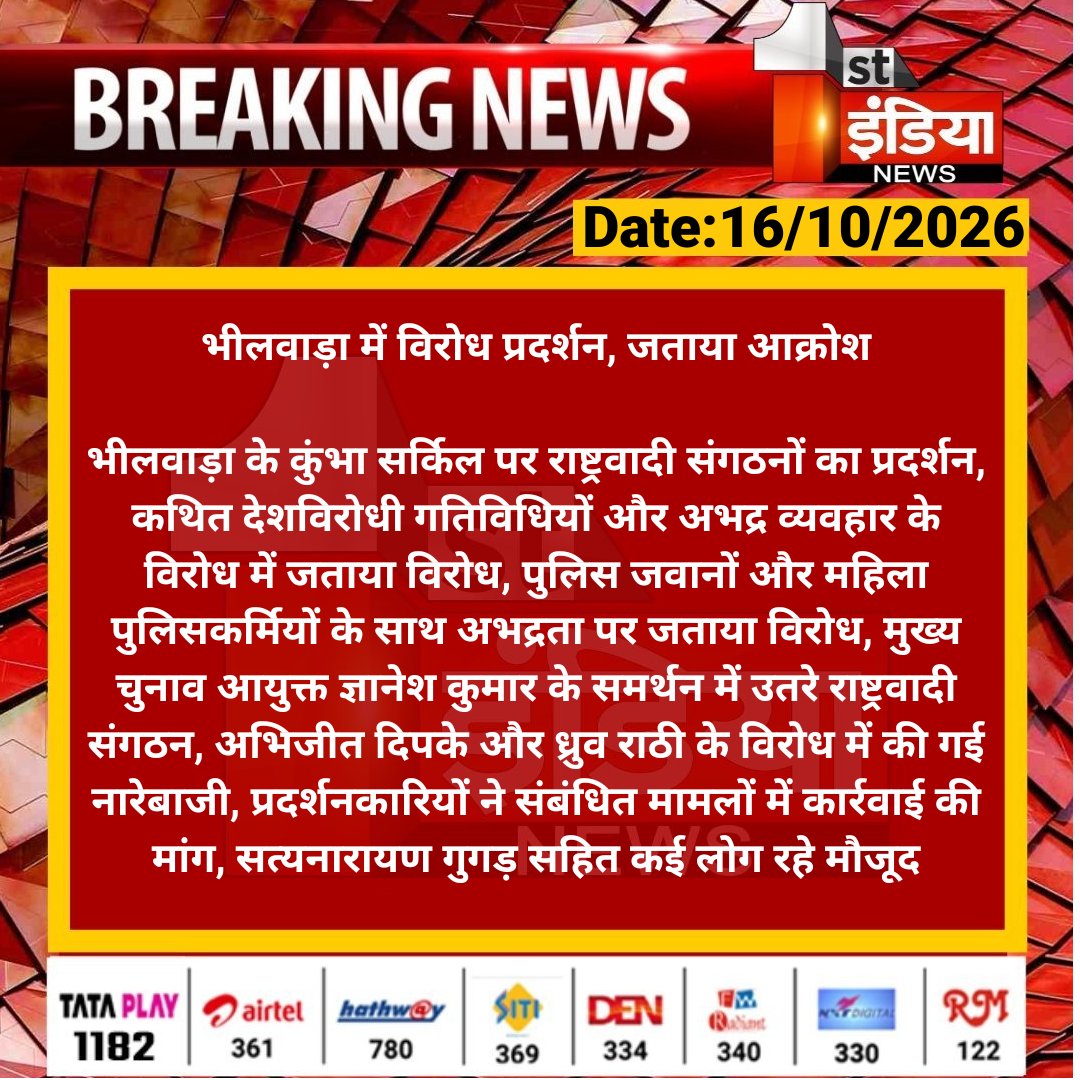 1stIndiaNews's tweet photo. भीलवाड़ा में विरोध प्रदर्शन, जताया आक्रोश

भीलवाड़ा के कुंभा सर्किल पर राष्ट्रवादी संगठनों का प्रदर्शन, कथित देशविरोधी गतिविधियों और अभद्र व्यवहार के विरोध में जताया...

#Bhilwara #RajasthanWithFirstIndia @DmBhilwara https://t.co/56YWnetVQA