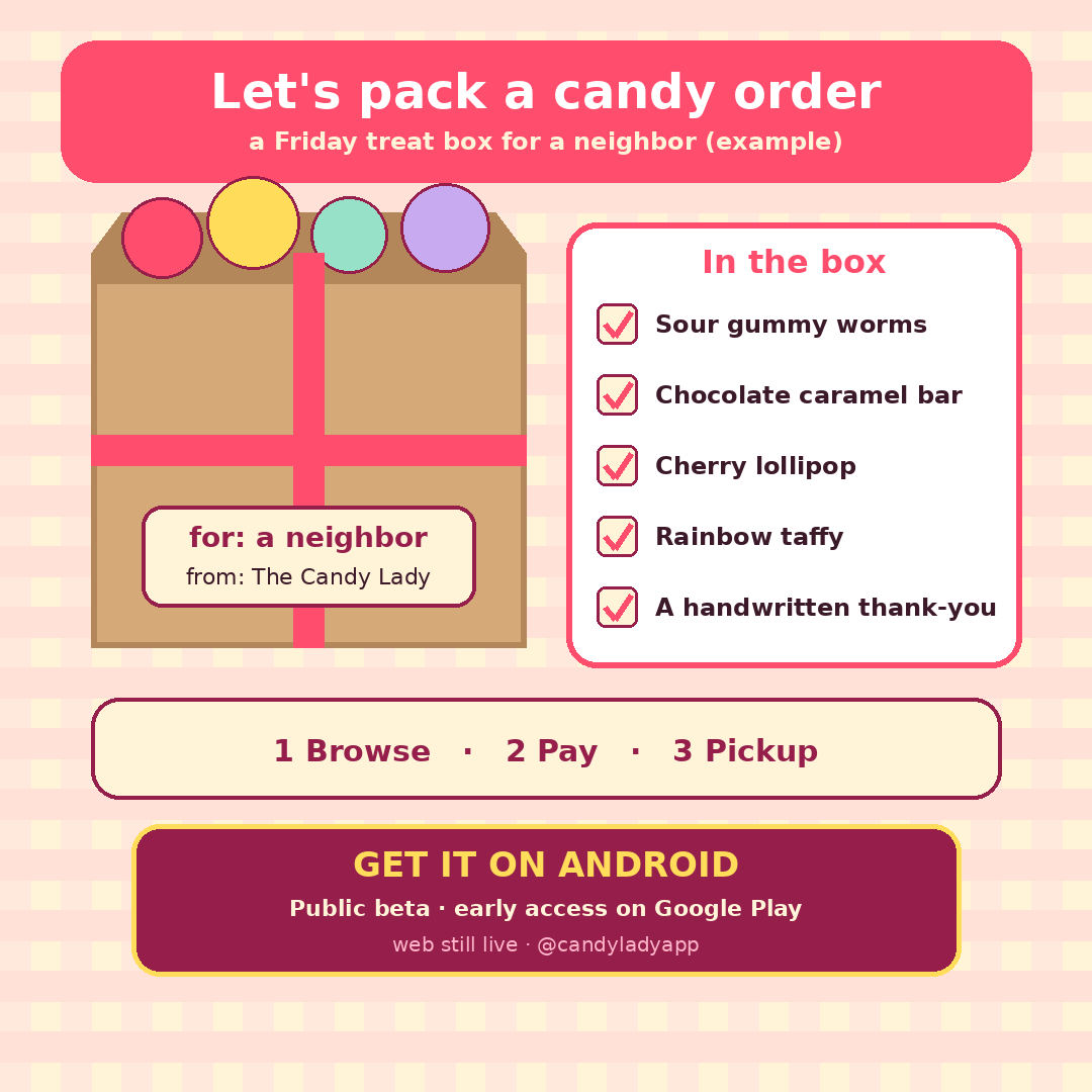 Candyladyapp's tweet photo. Let's pack a candy order 🎁 Example Friday box for a neighbor: sour worms, caramel bar, cherry pop, taffy. Browse · Pay · Pickup
Get it on Android (public beta): https://t.co/IoIGbh4l9t
#TheCandyLady #CherryHill https://t.co/KjrlnLJtuX