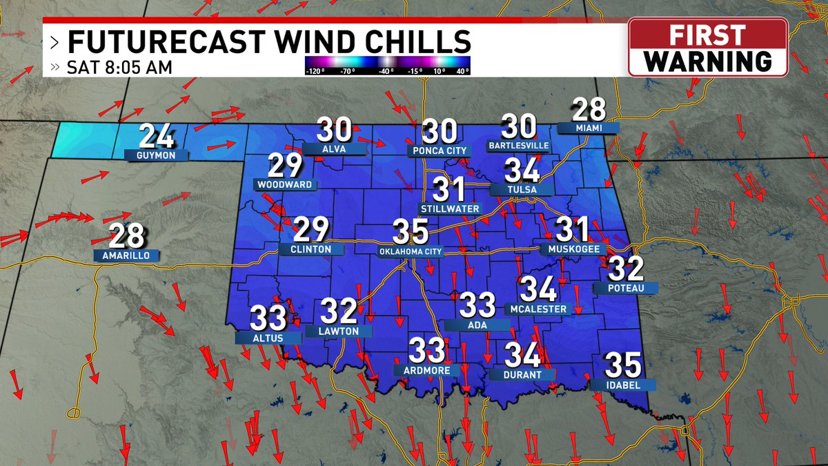 ThatWXDude's tweet photo. Frost Advisories have been issued NW of the OKC metro from 1AM-9AM Saturday for temperatures in the low to mid 30s. Freeze Warnings have been issued in far NW Oklahoma from 1AM-9AM Saturday for lows in the upper 20s to low 30s. Get those outdoor plants ready for the cold!
#okwx https://t.co/bOsir5ODpL