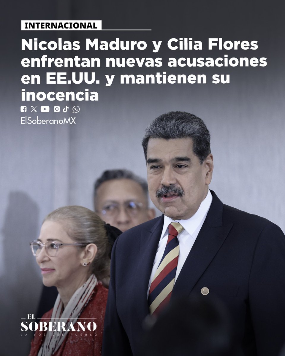 ElSoberanoMX's tweet photo. #Internacional ➡️ Nicolas Maduro y Cilia Flores enfrentan nuevas acusaciones en EE.UU. y mantienen su inocencia

Nicolás Maduro y Cilia Flores se declararon inocentes ante un tribunal de Nueva York. Washington suma acusaciones de presunta tortura y narcoterrorismo, mientras la defensa cuestiona la legitimidad del proceso. El juicio está previsto para junio de 2027.

Más en: https://t.co/fte8as5dGS
