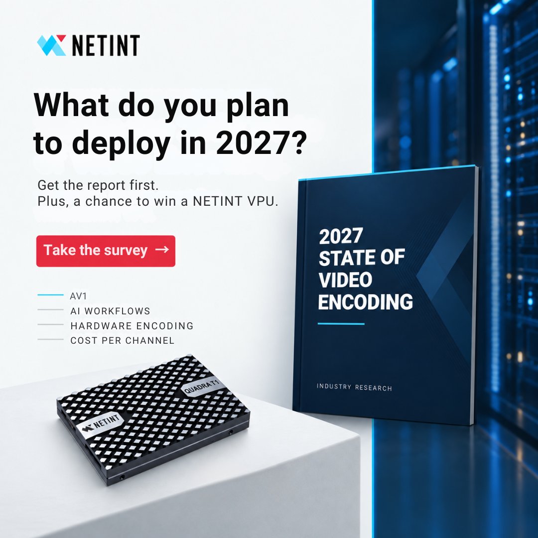 NETINT_Tech's tweet photo. The video stack is changing in more than one place at once.

This year’s survey maps five of them:
→ AV1, VVC and AV2
→ Hardware acceleration
→ AI in video workflows
→ Cost per channel
→ Production priorities

What comes next depends on what teams actually deploy. Your answers help capture that.
👉 https://t.co/6hmEs4UJdx

#VideoEncoding #VideoInfrastructure #AV1 #VPU