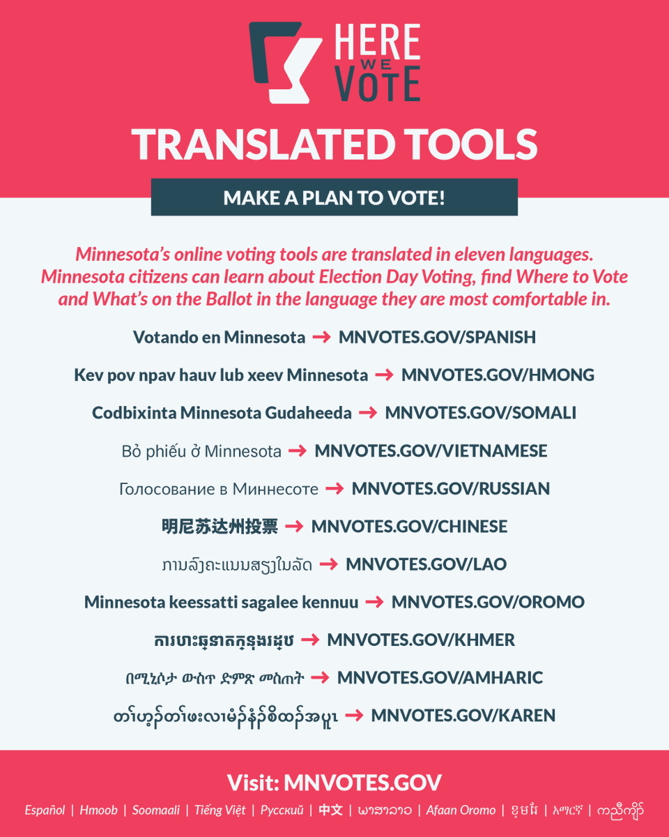 MNSecofState's tweet photo. #TrustedInfo2026 on Voting
Did you know Minnesota's online voting tools are translated in 11 languages besides English? Minnesota citizens can learn about Election Day Voting, Where to Vote &amp; Sample Ballot in the language they are most comfortable in. 🔗https://t.co/RhE4hH2d5I https://t.co/CA2ngKGvqA