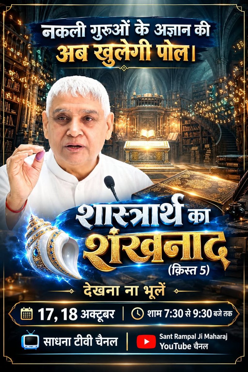 Deekshk07's tweet photo. #शास्त्रार्थ_का_शंखनाद_क़िस्त5
अब खुलेंगे वेदों के गूढ़ रहस्य देखना ना भूलें शास्त्रार्थ का शंखनाद (क़िस्त 5) 17 अक्टूबर शाम 7:30 से 9:30 बजे तक साधना टीवी चैनल और Sant Rampal Ji Maharaj यूट्यूब चैनल पर।

Sant Rampal Ji Maharaj https://t.co/omqc3wKEnt