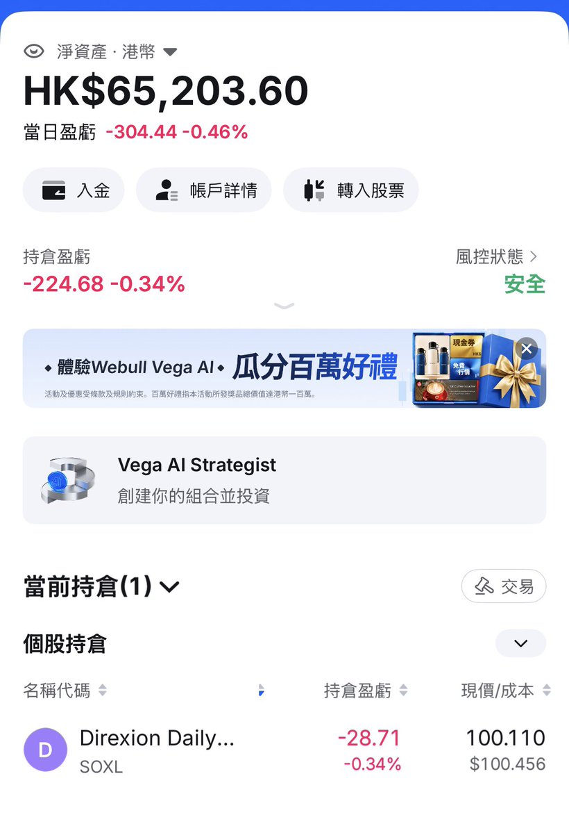 jasjas1202's tweet photo. 卖掉两倍做多黄金，all in soxl，将成本从104拉到100😁😁😁 https://t.co/eP22xngu8x