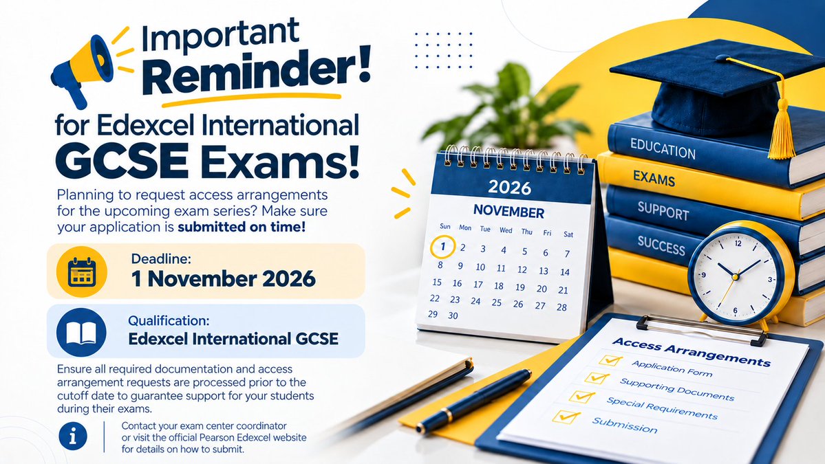 teamskolatis's tweet photo. Important Reminder for Edexcel International GCSE Exams! ⏳
📌 Deadline: 1 November 2026
📚 Qualification: Edexcel International GCSE
👉 Read full post: https://t.co/19YBcU8NOU
#Edexcel #InternationalGCSE #Exams2026 #PearsonEdexcel #AccessArrangements #Education #Skolatis https://t.co/yooIyd8Yrv