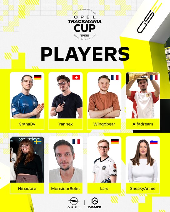 Trackmania's tweet photo. 🔥 The Opel Trackmania Cup kicks off tomorrow at 11 AM CEST, LIVE from the @Opel stand at the Paris Motor Show! @mondialdelauto

🏁 8 players, 1 champion!
@Alfadream00 @Ninadores @GranaDyy @Larstm_ @mangemoilebolet @SneakyAnnieTM @YannexTM @Wingo_Bear

📺 Watch LIVE on Twitch!
🇬🇧 https://t.co/GTUS4A5lve
🇫🇷 https://t.co/ZTlClyg0kK

🏆 Who will win?