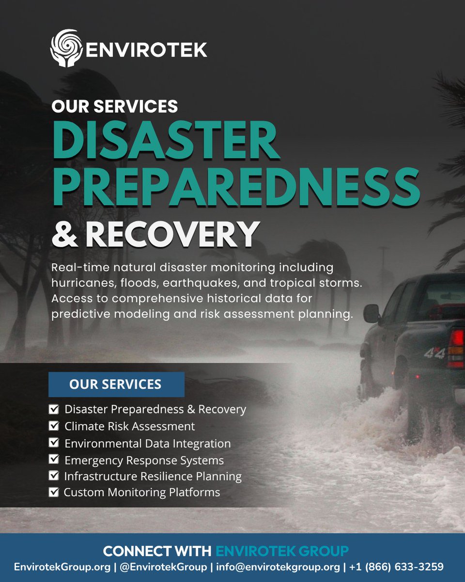 EnvirotekGroup's tweet photo. Preparedness starts with knowing what is happening. https://t.co/wxhUoqVQCq provides real-time monitoring of hurricanes, floods, earthquakes and tropical storms, supported by historical data for risk assessment and predictive planning. #DisasterPreparedness #ClimateResilience https://t.co/A6kZIPkBnZ