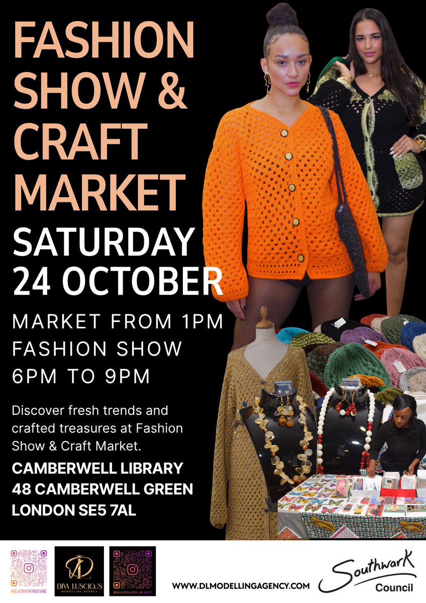 SouthwarkLibs's tweet photo. 🧵✨ Fashion, crafts &amp; creativity are coming to Camberwell!

Join us at @SouthwarkLibs' Camberwell Library on 24 October 🎉

🛍️ Craft Market at 1pm 👗 Fashion Show from 6pm

Shop, see local talent, and enjoy

#Camberwell #Southwark #FashionShow l #SouthwarkEvents https://t.co/aVLSAqlYNL