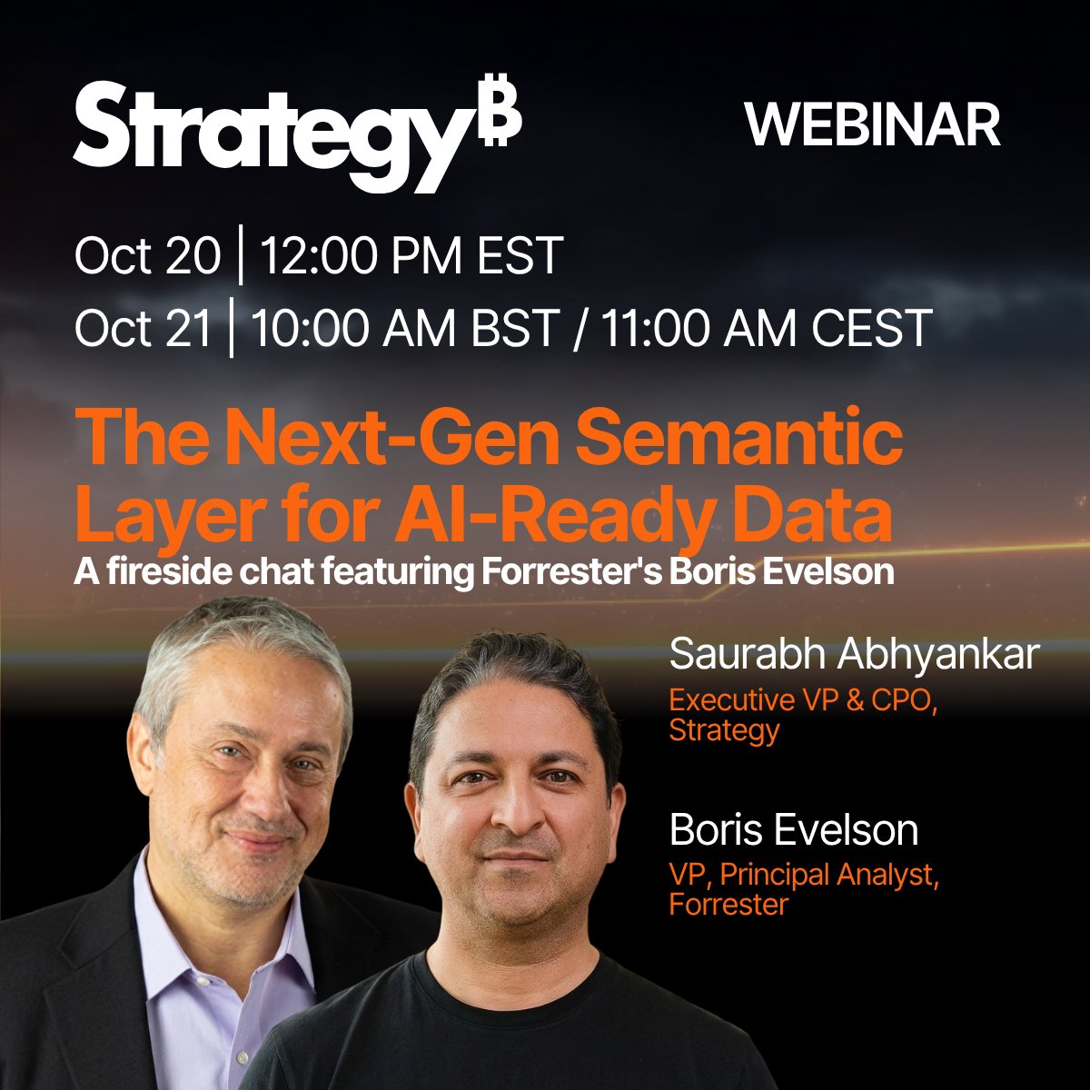 MicroStrategy's tweet photo. Join Strategy’s Saurabh Abhyankar and Forrester’s Boris Evelson for an executive fireside chat on Tuesday, October 20 at 12 PM EST | Wednesday, October 21 at 10 AM BST to explore how the semantic layer is evolving from traditional BI infrastructure into an enterprise control plane for data, analytics, and AI.

 Register now: https://t.co/fGf9gn5o0R

#SemanticLayer #EnterpriseAI #DataGovernance #BusinessIntelligence #AI