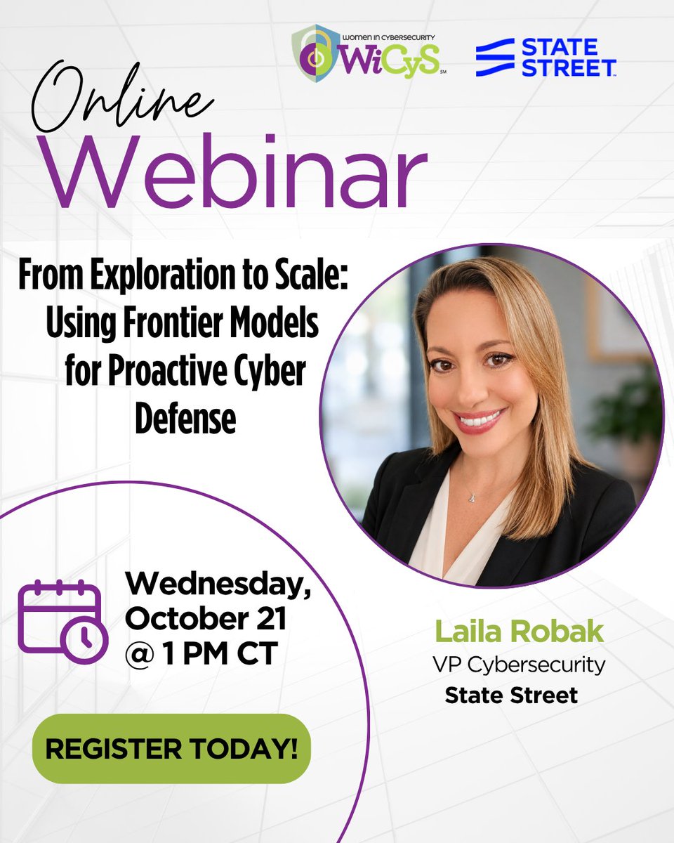 WiCySorg's tweet photo. How can frontier AI advance cyber defense? Join WiCyS and State Street to explore strategies for adopting AI securely and responsibly. Can't attend live? Register to receive the recording afterward!
https://t.co/qZAh2BjCml
#WiCyS #cybersecurity https://t.co/8KPJj1WDTr
