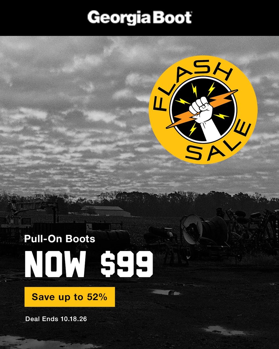 GeorgiaBoot's tweet photo. ⚡ FLASH SALE ALERT! ⚡

Pull-On Waterproof Boots for ONLY $99! 
Save up to 52%—our biggest deal of the season!

Sale ends 10.18.26 at 11:59 PM ET. Don’t miss out!

Shop Now> https://t.co/GVw5pPIRmU

#GeorgiaBoot #FlashSale #BootDeal #WorkReady https://t.co/roY0fzQNkZ