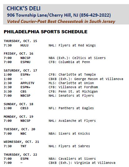 BoopStats's tweet photo. #ChicksDeli-Fri
PHILADELPHIA
SPORTS SCHEDULE –
Daily Sports TV Schedules &
Longer Philly Sports Schedules
At https://t.co/LNeXAK9gwT
#BoopStatsPhillySked https://t.co/nG0mQkfgk3