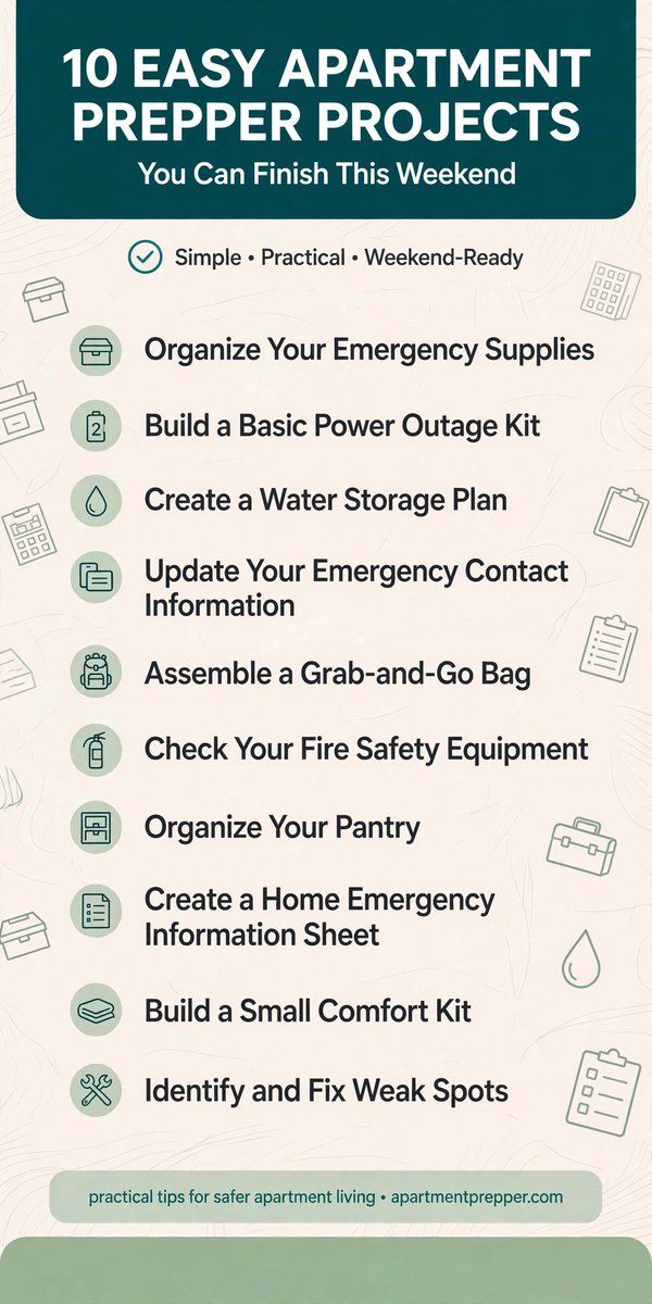 AptPrepper's tweet photo. 10 easy apartment prepper projects you can finish this weekend — organize supplies, build a power outage kit, store water, prep a go-bag. Small steps, real readiness. https://t.co/Gh42fo1GMV 
#apartmentprepper #apartmentliving #emergencypreparedness #preparedness https://t.co/5JvpLpUY1G