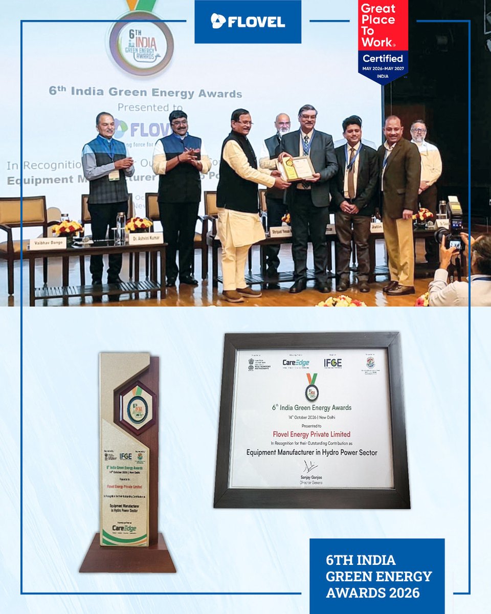 EnergyFlovel's tweet photo. 🏆 FLOVEL Energy wins recognition as “Equipment Manufacturer in the Hydropower Sector” at the 6th India Green Energy Awards 2026!
54+ years of hydropower excellence driving a sustainable future. 🌱⚡
#FLOVEL #Hydropower #CleanEnergy https://t.co/ePudXmAxas