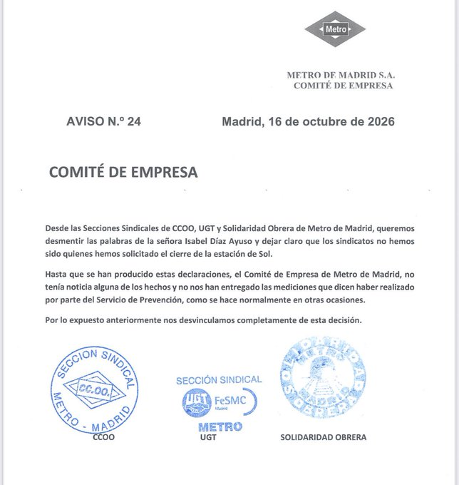 Egotada's tweet photo. El Comité de empresa de Metro Madrid desmiente a Ayuso. https://t.co/ISCgS17o6E