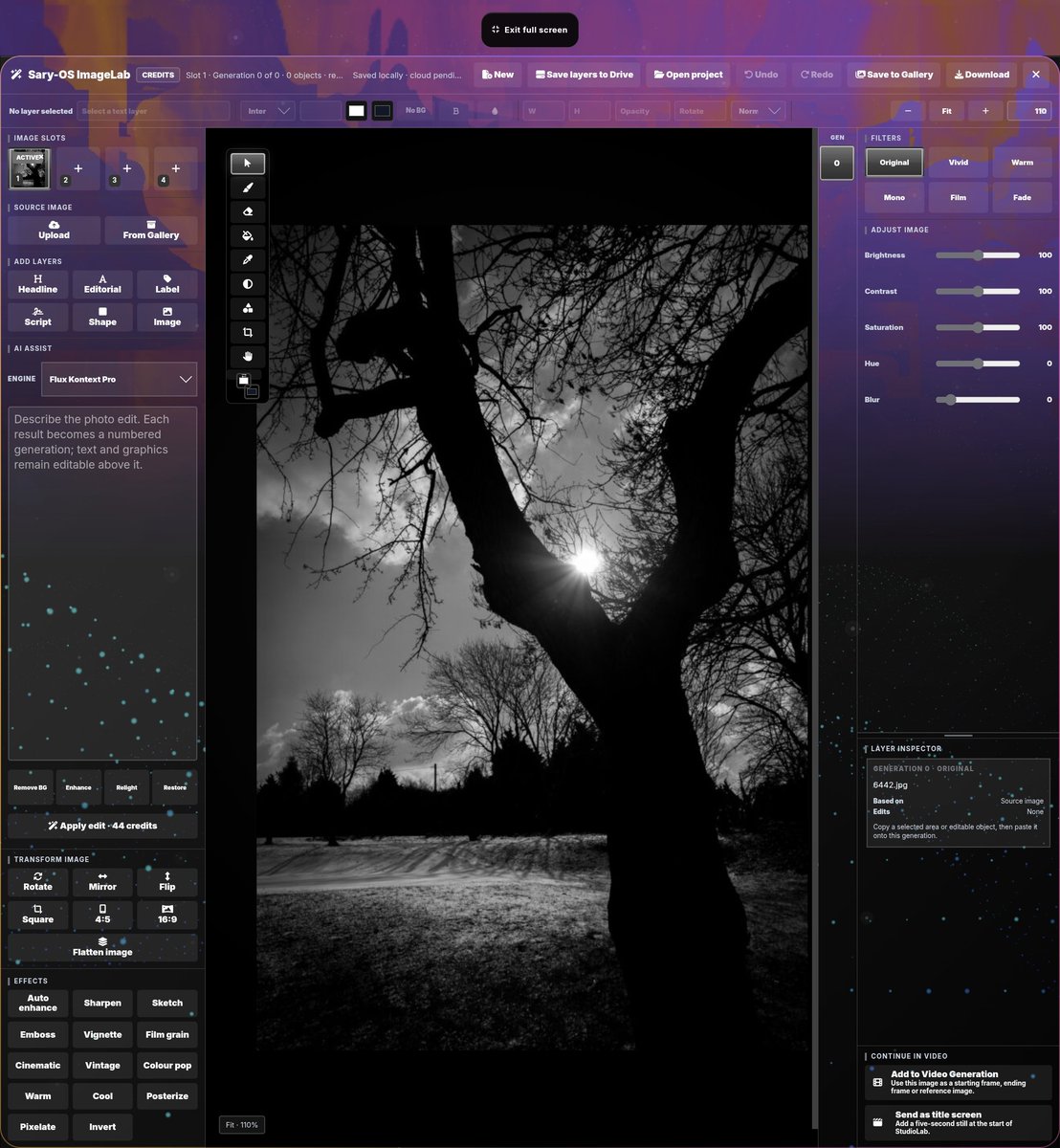 sarymismail's tweet photo. I built a free browser studio: video editor (an hour of free 4K exports a month), photo editor, Word/Excel/PowerPoint-style docs, free Al chat, and a 30-day Al app-builder trial that uses a generative canvas that applies edits without refreshing

Hey all, solo dev here. I hope it's ok to post here.  I've been building Sary-OS, and here's everything you can use for free.

💬 Free AI chat: 25 messages a day

Chat with GPT-6 Luna or Gemini Flash Lite for free, 25 messages a day, reset daily. They don't use your credits, so your free credits stay free for everything else.

⚡ LiveLoop: 30-day free trial of the AI app and game builder

Describe what you want and it builds it live, runs it, and fixes what breaks without redrawing the scene. Every new account gets 30 days with:

1,000 LiveLoop credits, one time; they don't expire.

GPT-6 Luna and Claude Haiku 5.5 at any effort level, up to its deepest "Hyperdrive" mode.

A real terminal and GitHub: commit, push, pull, branches and pull requests.

Connect your AI (MCP): plug Claude, Cursor or Codex straight into your LiveLoop projects.

Bring your own API keys (OpenAI, Anthropic, Gemini, xAI or any OpenAI-compatible key) free for 7 days. 

Work on your own key costs 0 credits.

10 minutes of the voice agent.

ASIDE FROM THE FREE TRIAL, THESE ARE 100% FREE PERMANENTLY:

🎬 StudioLab: a video timeline editor

Multi-track timeline (video, overlay, text, voice, music, SFX), in 16:9 or vertical 9:16.

Scrubbing, snapping with guide lines, split, ripple delete, slip and slide, trims, and moving clips with the arrow keys.

Transitions, colour grading, crop, green screen, captions, title screens, and a free media library. You can even upload your own media, there is no watermark and no need to pay to export. 

Every free account gets 60 minutes of video export a month, even in 4K with portrait/landscape format and a counter shows what's left.

🖼️ ImageLab: a layered photo editor

Brush, eraser, paint bucket, eyedropper, gradients, shapes, crop.

Layers with blend modes.

Brightness, contrast and hue, plus effects: sharpen, sketch, vignette, grain, cinematic, vintage and more.

Send a video frame from StudioLab, edit it, and drop it straight back into the timeline.

No AI needed; AI edits are optional. If you decide to use AI then their are some great models that allow you to edit just by prompts and happens live too. You can go back to any layer/memory and try a different direction at anytime.

📝 DocLab: free, no account needed

Write: headers, footers, page numbers, table of contents, comments, track changes, footnotes, templates; .docx in and out.

Grid: a real spreadsheet with \~150 functions (XLOOKUP, UNIQUE, FILTER), freeze panes, filters, conditional formatting and charts; handles 5,000+ row Excel files.

Deck: slides with .pptx in and out and full-screen presenting.

Scribe: dictation and recordings with timestamps, speaker labels and .srt subtitle export.

On desktop Chrome: free on-device summarise, translate and rewrite, using Chrome's built-in AI. Nothing is sent to a server.

Every free account also gets 1 GB of storage and 100 welcome credits for the AI image, video, music and voice tools.

Works best on desktop; there's a lighter version for phones. I ship fixes daily, so honest feedback is very welcome. 🙏

LINK: https://t.co/oEK3d1gGP3

@OpenAI @claudeai #student #university #free #edit #media #video