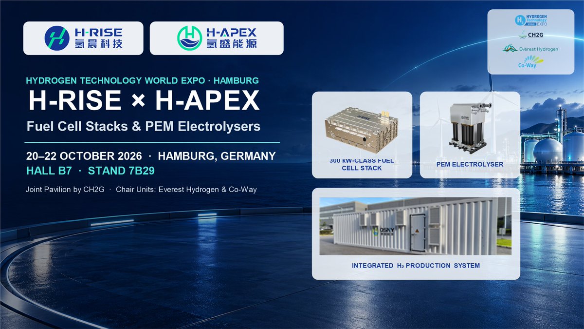 EverestHydrogen's tweet photo. Next week ,  H-RISE and H-APEX to Showcase FC and PEM Electrolysis Technologies in Hamburg

#HydrogenTechnology #GreenHydrogen #PEMElectrolysis #FuelCells #HydrogenMobility #HydrogenTechnologyExpo #Hamburg https://t.co/ksspabgnWE