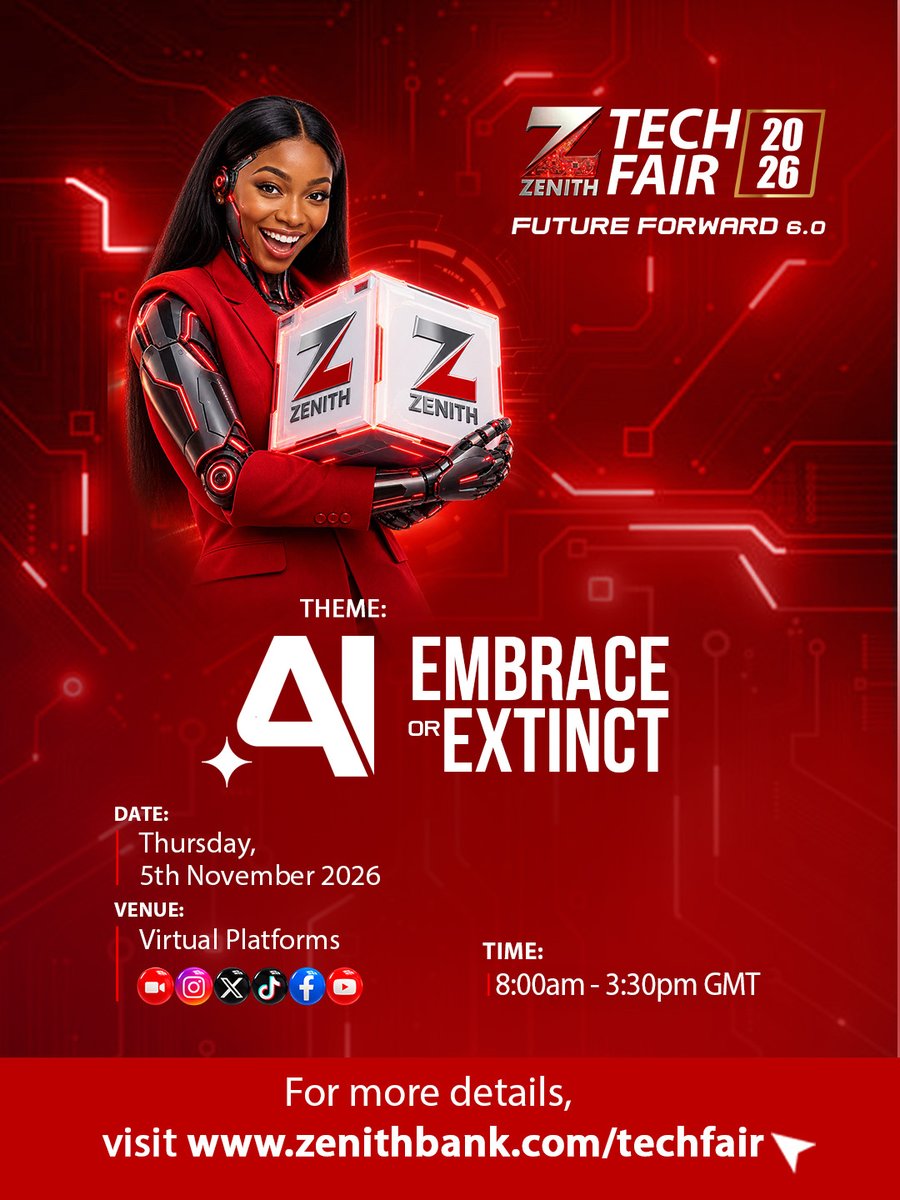 ZenithBank_Gh's tweet photo. Join us for the 2026 Zenith Tech Fair – Future Forward 6.0, taking place virtually on 5 November 2026 on Zoom and across our social media platforms.
Visit https://t.co/KiQjXdx87C for more details and to register.
#ZenithBank #FutureForward6 #ZBTechFair https://t.co/S56ETriis7
