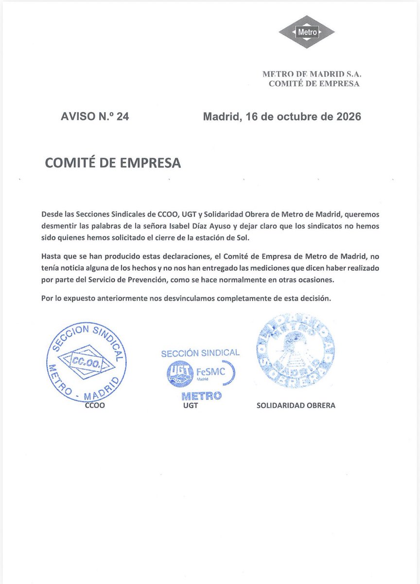 elena_reines's tweet photo. @IdiazAyuso dice que cierra Sol porque se lo han pedido los sindicatos y los sindicatos la DESMIENTEN con un comunicado.

Si vas a mentir, al menos asegúrate de que no te dejen en evidencia el mismo día y todo por cargar contra la acampada

Máximo ridículo con membrete oficial. https://t.co/7j9kpRHwiF