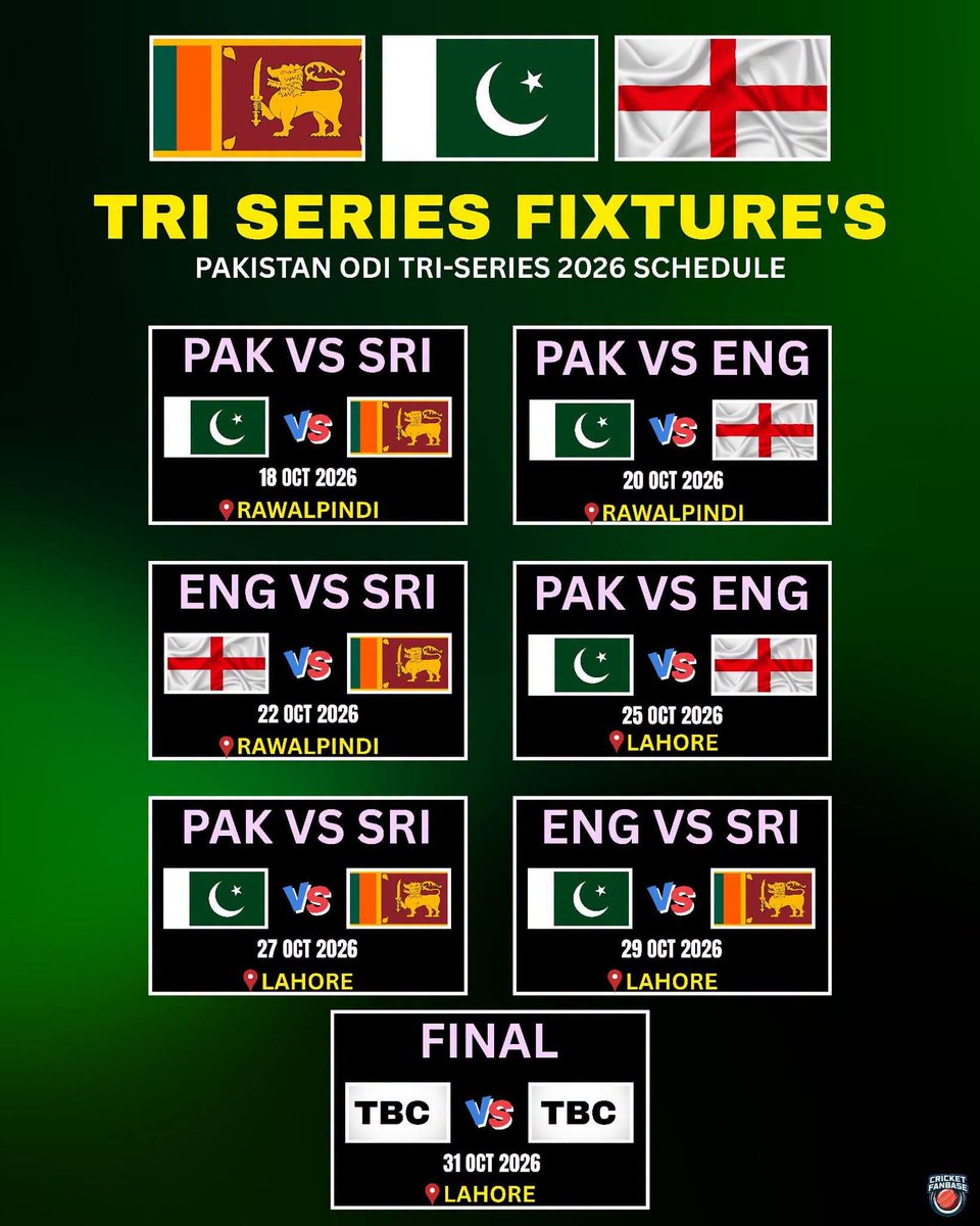 IjazAliSagharPK's tweet photo. PAKvENGvSL ODI Tri-Series 2026 Complete Match Schedule &amp; Fixtures! 🇵🇰🏴󠁧󠁢󠁥󠁮󠁧󠁿🇱🇰 
#PakistanCricket #TriSeries2026 #PAKvENG #PAKvSL #ENGvSL https://t.co/3dEapEA2F8
