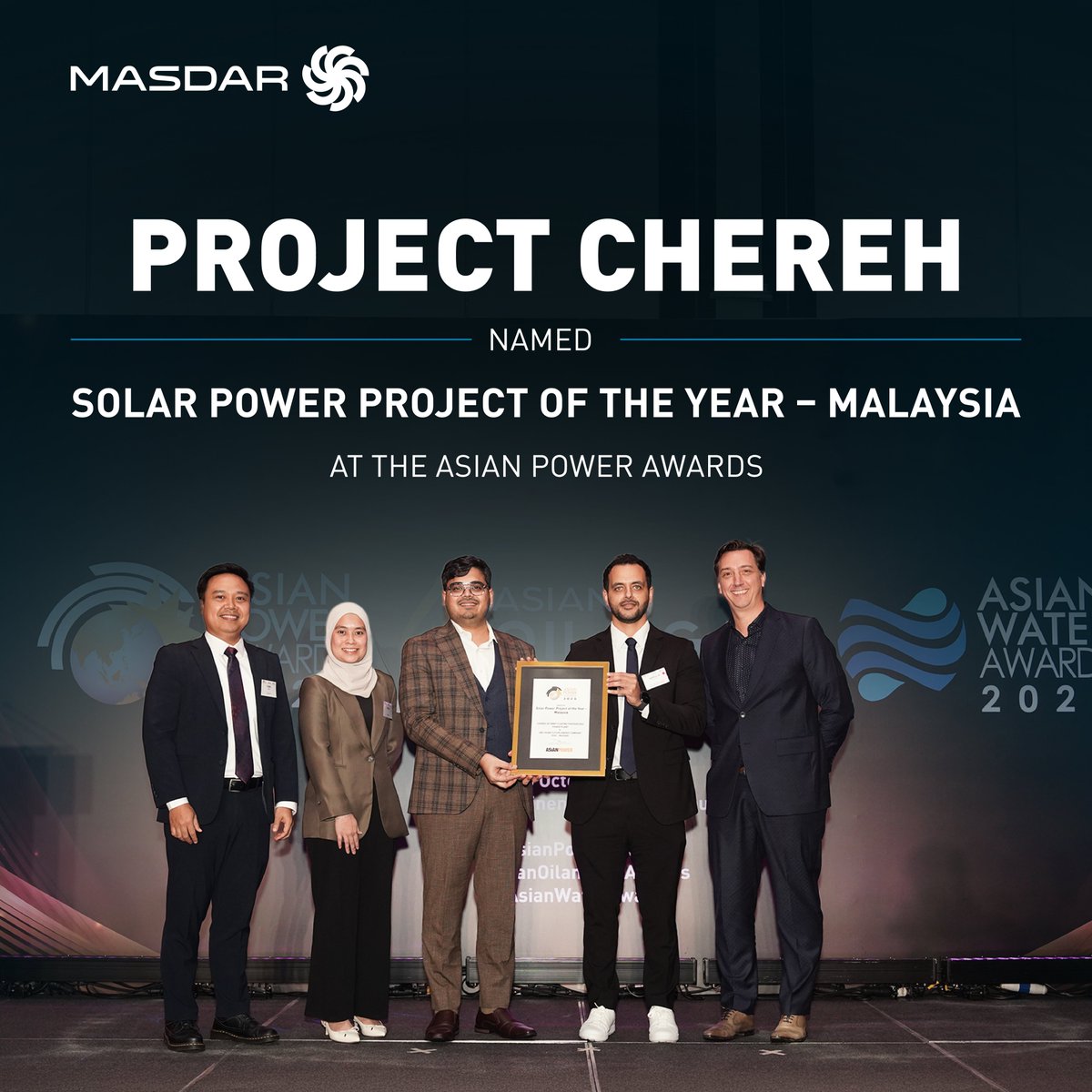 Masdar's tweet photo. Chereh has been named Solar Power Project of the Year – Malaysia at the Asian Power Awards!
 
A huge congratulations to everyone who made it happen, including our partners Citaglobal Berhad and TIZA Global Sdn Bhd. Together we’re building a 200MW floating solar project at Chereh Dam that will power approximately 100,000 homes once operational.
 
Global expertise. Local ambition. A win for Malaysia’s clean energy future.
 
#Masdar #ThePowerOfNext
