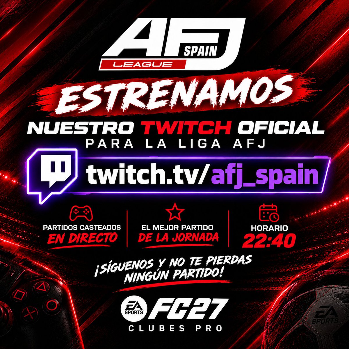 AFJSpain's tweet photo. ¡ESTRENAMOS TWITCH OFICIAL! 🎙️🔥

📺 Partidos casteados en directo
⭐ El mejor partido de la jornada
🕙 Todos los días de liga, a las 22:40

👉 Síguenos en nuestro canal oficial de Twitch:
🔗 https://t.co/pVtkthvNbm

¡Nos vemos en directo! 🔥 

#𝐒𝐨𝐦𝐨𝐬𝐀𝐅𝐉 https://t.co/D9zY6HC6ty