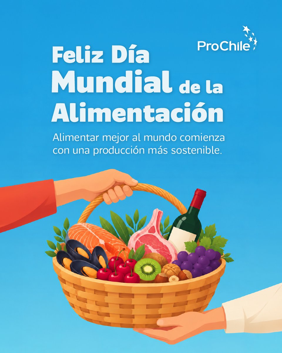 ProChile's tweet photo. De Chile a las mesas del mundo🧺🌎

En este #DíaMundialDeLaAlimentación reconocemos a quienes hacen posible que Chile sea parte de la alimentación de millones de personas, con productos de calidad y una producción que avanza hacia una mayor sostenibilidad.

Desde ProChile seguiremos trabajando para abrir nuevas oportunidades y conectar nuestros alimentos con más mercados, llevando el talento y la calidad de Chile cada vez más lejos.