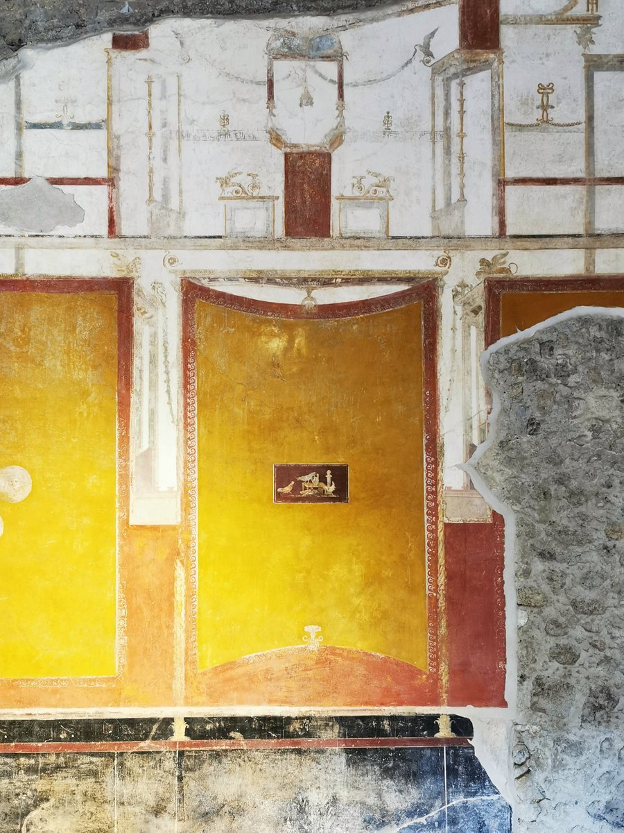 antmoose's tweet photo. For #FrescoFriday, this wall of #fresco in the #HouseoftheVettii in #Pompeii shows the phantasmagorical #architecture of the late Fourth Style. Though relatively small, this ala or wing off the peristyle was cleverly enlarged by different planes of painted illusion. https://t.co/hCCRahEhKD