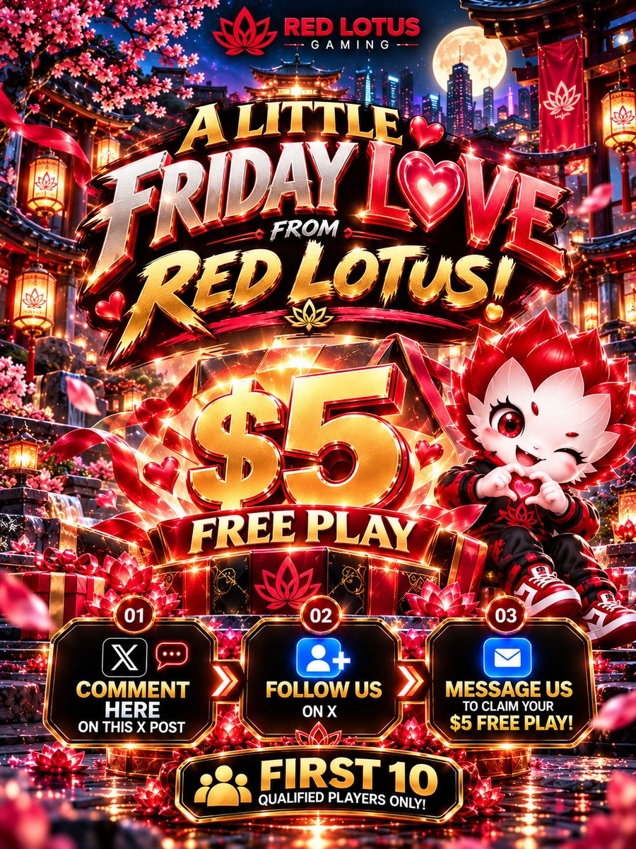 RedLotusGaming1's tweet photo. ❤️🌺 A LITTLE FRIDAY LOVE FROM RED LOTUS!

🎁 $5 FREE PLAY for the FIRST 10 QUALIFIED PLAYERS!

💬 Comment below
❤️ Follow us on X
📩 DM us on Facebook to claim!
👉 https://t.co/wEfhmifpOZ
Hurry, Red Lotus Fam! 🔥

#RedLotusGaming #FridayFun #FreePlay https://t.co/uTsofVAiWM