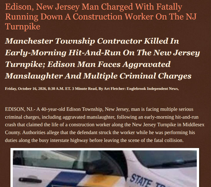 ArtFletcher9's tweet photo. Edison, New Jersey Man Charged With Fatally Running Down A Construction Worker On The NJ Turnpike https://t.co/IRnftxQqfS via @Englebrooknews #NewJersey #CrimeNews #MiddlesexCountyNJ #EdisonNJ #NJTurnpike #Fatal #Pedestrian #HitandRun #Arrest #Aggravated #Manslaughter #DeathbyAuto #Leaving #Scene @HRG_Media @LodiNJNews @SarahGeving1 @Shannon96574094 @DanCook26214426 @Daytobehappy @janninereid1 @gator4kb18 @TrumpWasRite2 @KathyKbrose @RobGerundo @JimBobW49