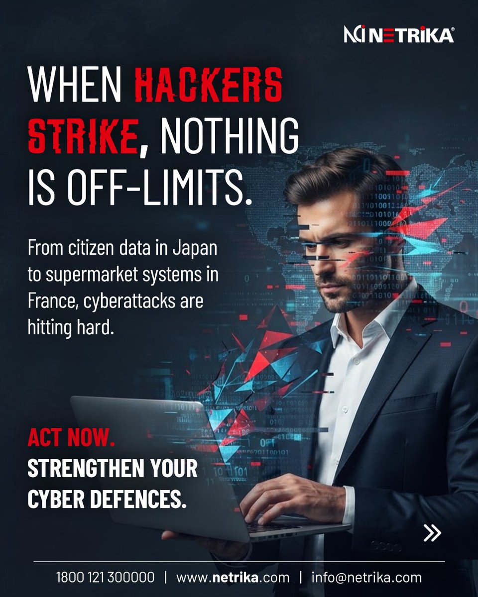 Netrika_PvtLtd's tweet photo. 🚨 Cyberattacks can disrupt entire businesses.

Japan: 495 organisations affected. France: hacked refrigeration systems hit 50°C.

Strengthen your defences with Netrika: https://t.co/iSGO7JHLYW

Sources: ET Now | The Times of India
#CyberSecurity #CyberAttack #Ransomware https://t.co/7MM4CdCHwh