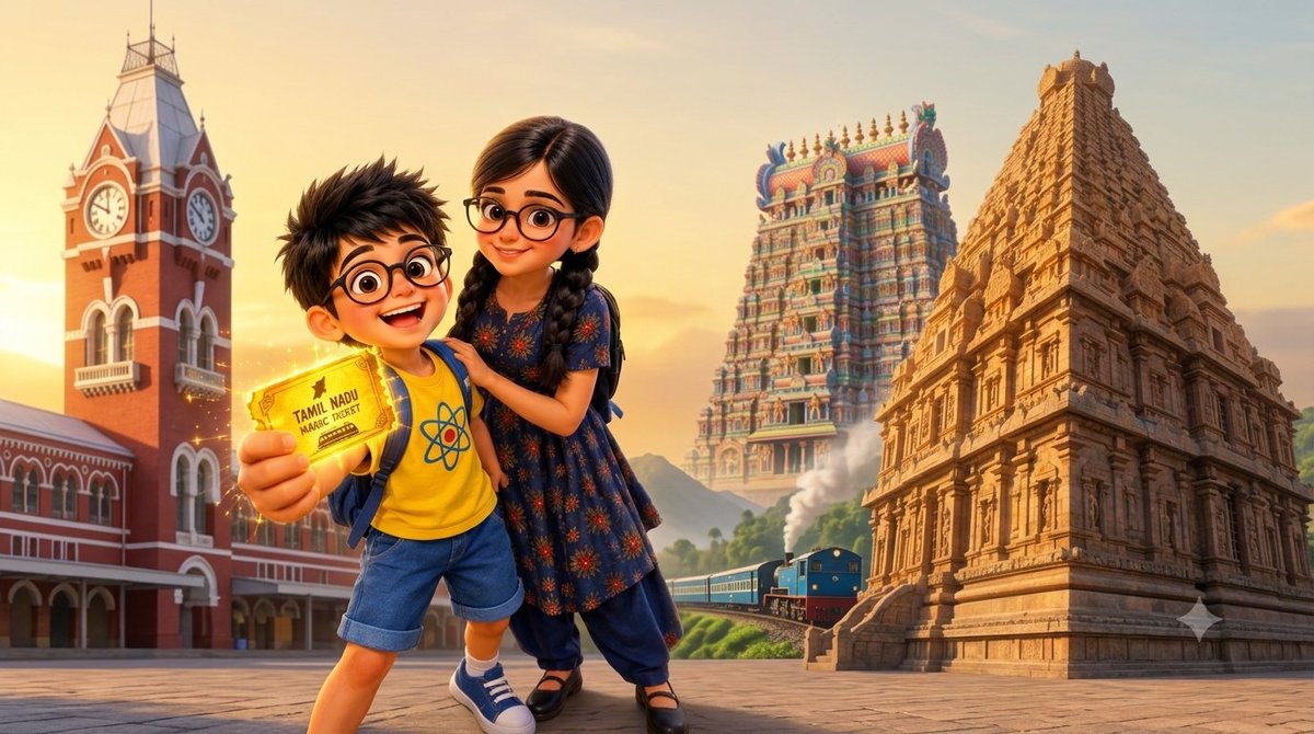 RandomTyms's tweet photo. Lokesh &amp; Varsha are off on an Amazing AI Tour across Tamil Nadu with a magical ticket! 
Three films - Ten incredible places - One special discovery at every stop. From history to heritage, where stories never end!

https://t.co/cwjLAiHgWw

 #reimaginetn @RandomTyms https://t.co/eadGIfI2Dx